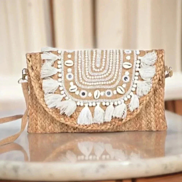 Indian 🫶 Artisan Braided Jute Straw Fringed Boho Chic Clutch Sling Bag - Picture 4 of 9